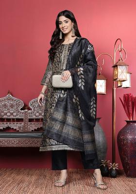 Grey Printed Silk Kurta Set