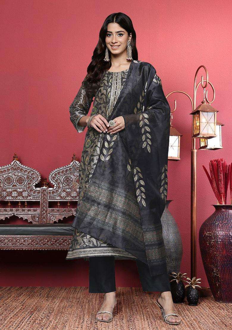 Grey Printed Silk Blend Kurta Set - Indya