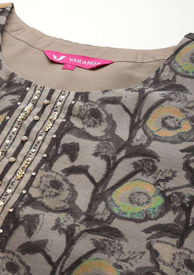 Grey Printed Silk Blend Kurta Set - Indya