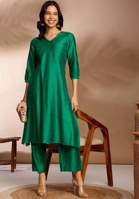 Green Solid Silk Kurta Set