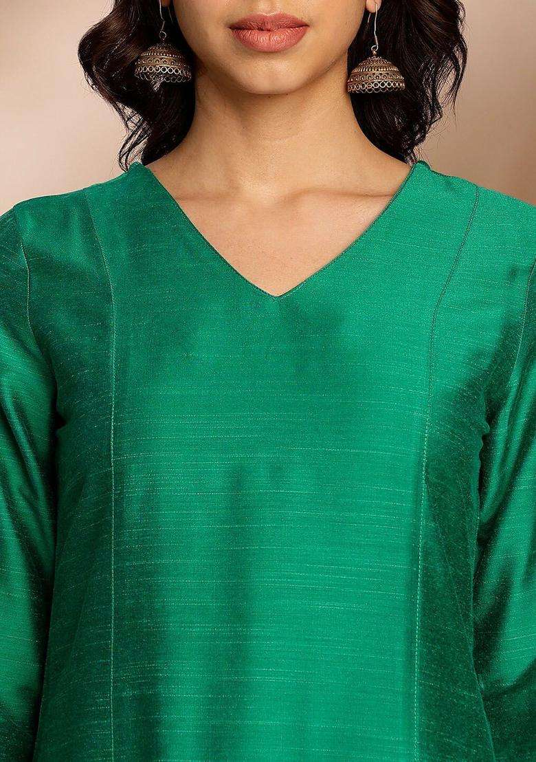 Green Solid Silk Blend Kurta Set - Indya
