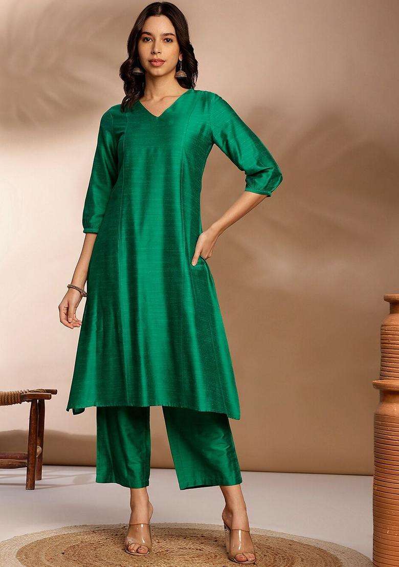 Green Solid Silk Blend Kurta Set - Indya