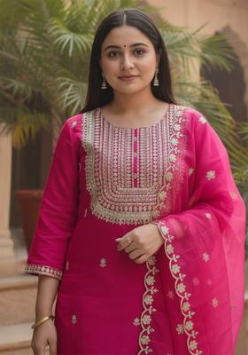 Fuchsia Embroidered Silk Kurta Set