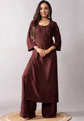 Brown Embroidered Silk Blend Kurta Set