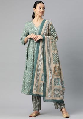 Sea Green Printed Cotton Kurta Set