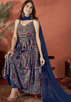 Navy Blue Printed Viscose Anarkali Set