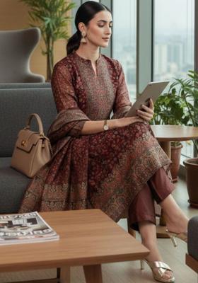 Maroon Printed Silk Blend Kurta Set