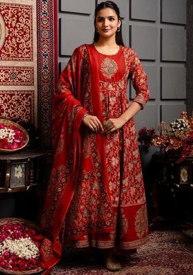 Red Printed Cotton Anarkali Set
