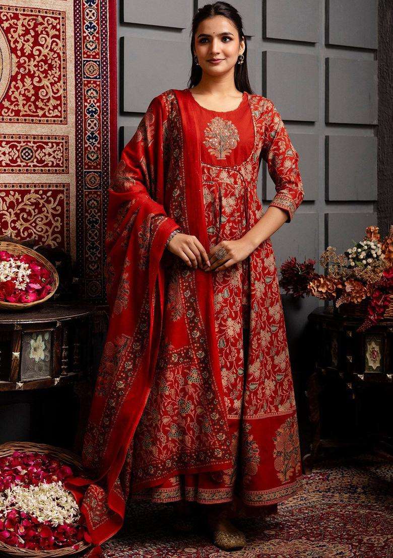 Red Printed Cotton Anarkali Set - Indya