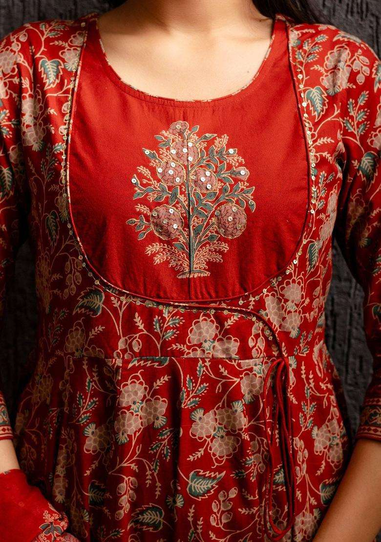 Red Printed Cotton Anarkali Set - Indya