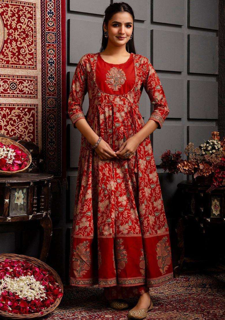 Red Printed Cotton Anarkali Set - Indya
