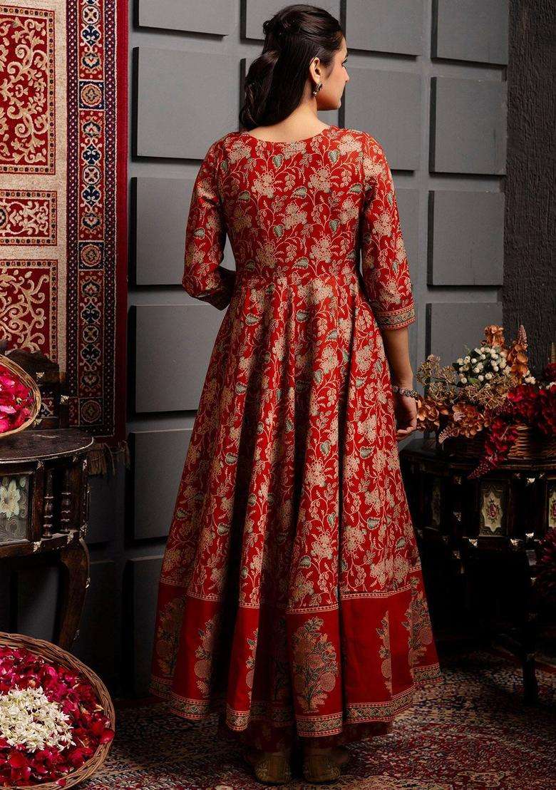 Red Printed Cotton Anarkali Set - Indya