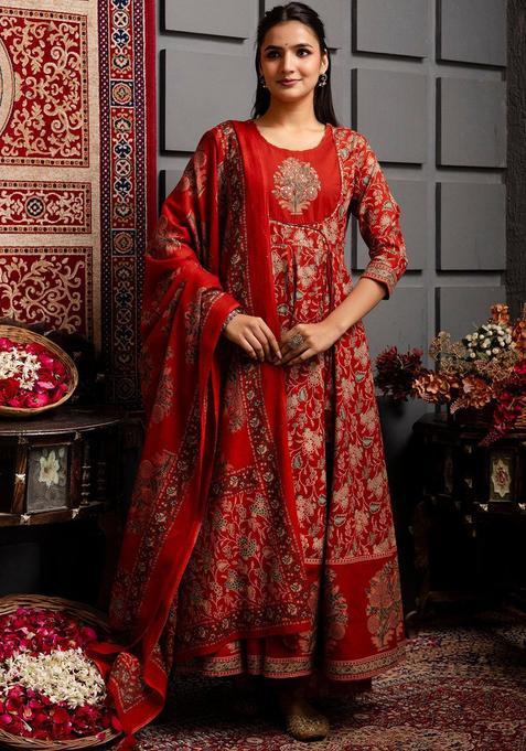 Red Printed Cotton Anarkali Set — view on Indya