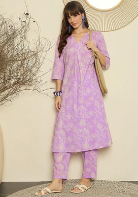 Lavender Printed Cotton Kurta Set