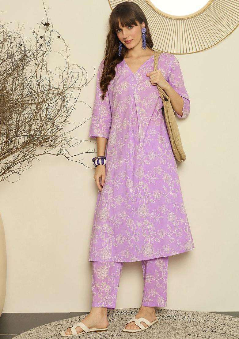 Lavender Printed Cotton Kurta Set - Indya