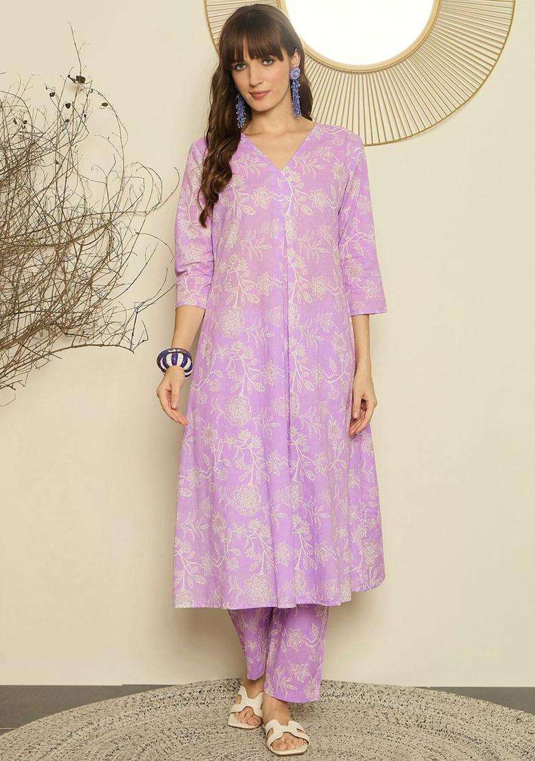 Lavender Printed Cotton Kurta Set - Indya