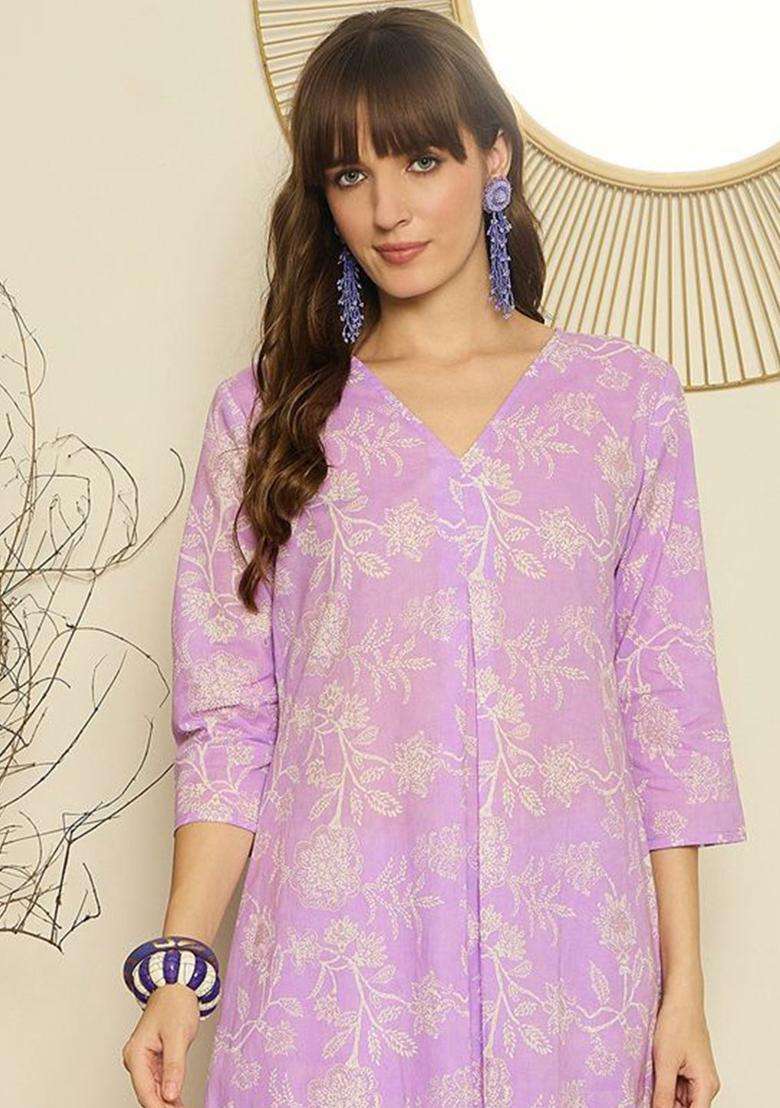 Lavender Printed Cotton Kurta Set - Indya