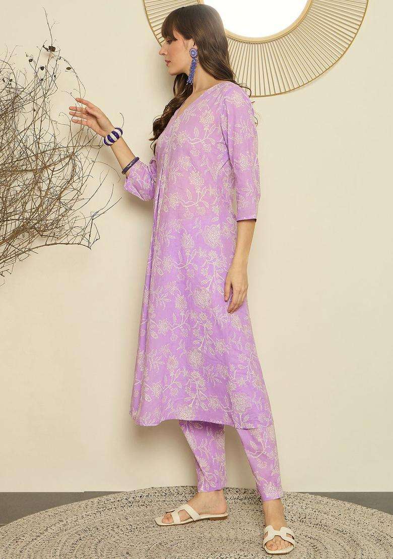 Lavender Printed Cotton Kurta Set - Indya