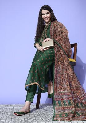Green Printed Silk Kurta Set