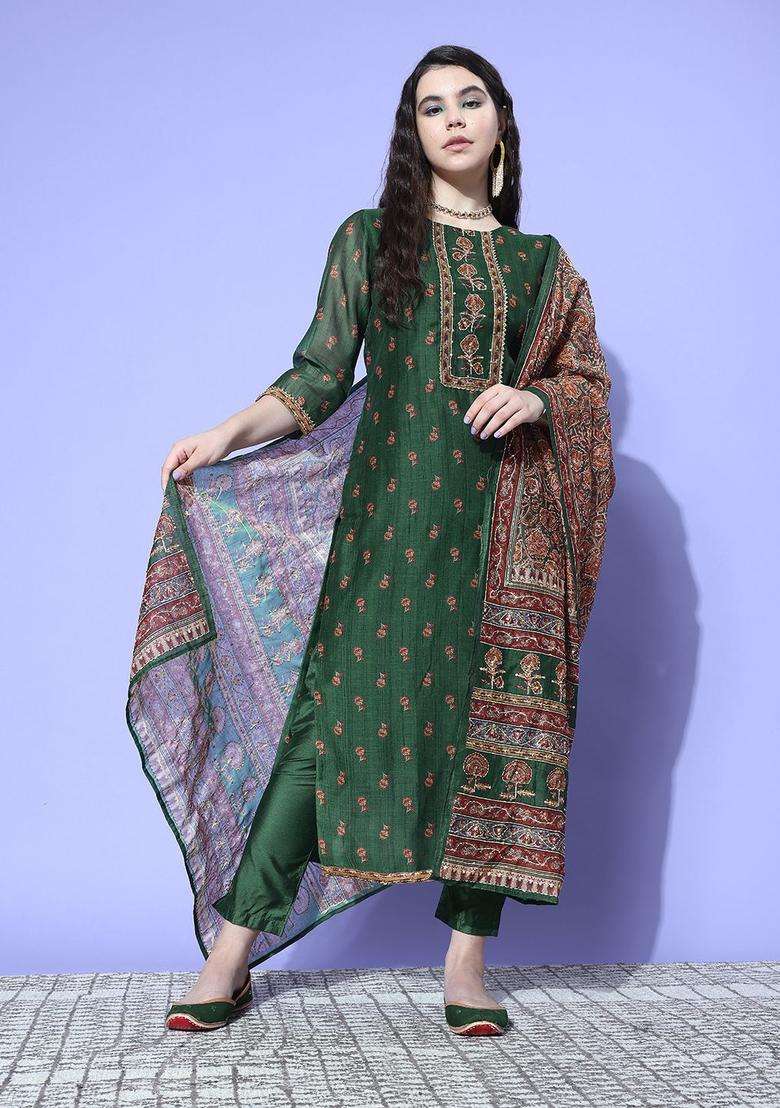 Green Printed Silk Blend Kurta Set - Indya