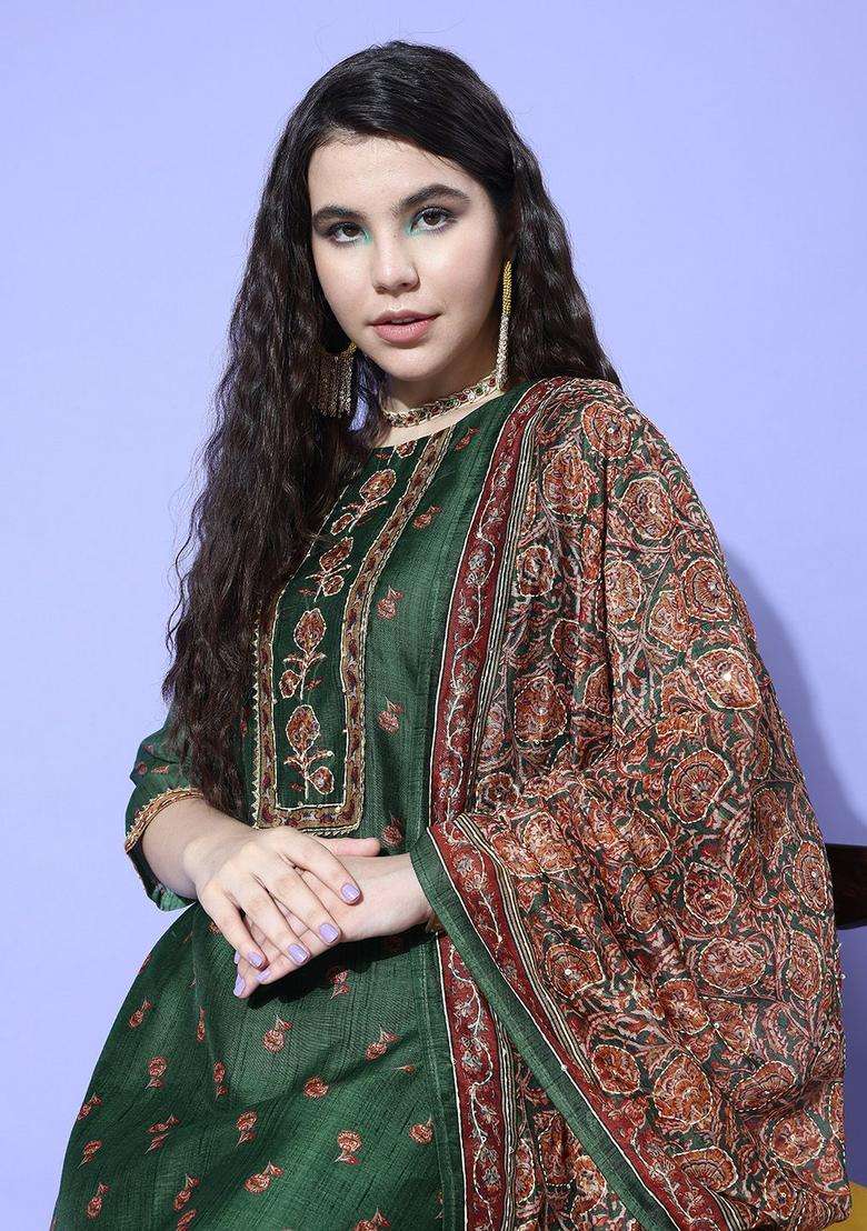 Green Printed Silk Blend Kurta Set - Indya