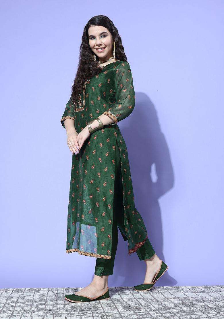 Green Printed Silk Blend Kurta Set - Indya