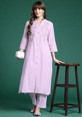 Lavender Embroidered Cotton Kurta Set