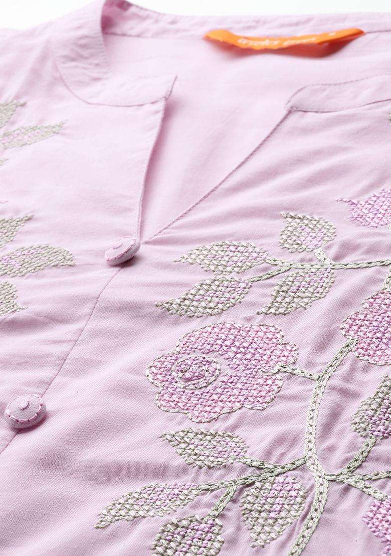 Lavender Embroidered Cotton Kurta Set - Indya