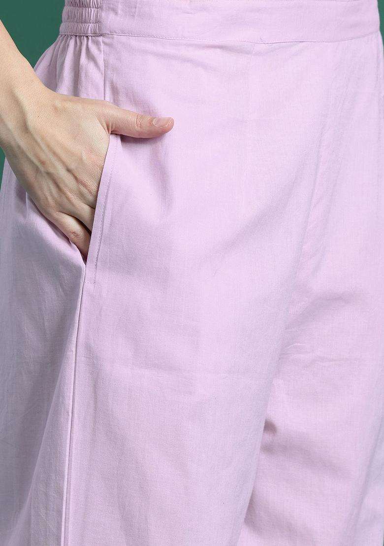 Lavender Embroidered Cotton Kurta Set - Indya