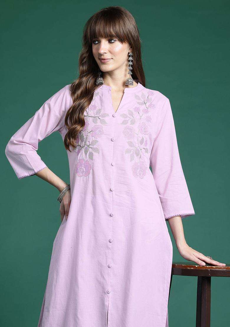 Lavender Embroidered Cotton Kurta Set - Indya