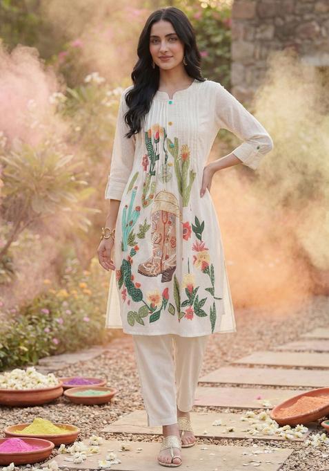 Off White Printed Cotton Kurta Set