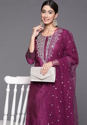 Magenta Embroidered Silk Blend Kurta Set
