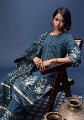Teal Woven Design Cotton Kurta Set