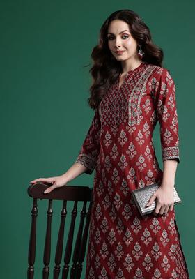 Rust Printed Cotton Kurta Set