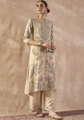 Beige Printed Viscose Kurta Set