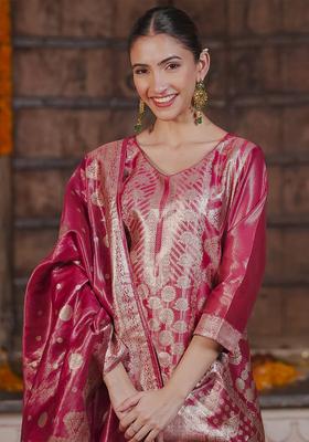 Pink Woven Design Silk Blend Kurta Set