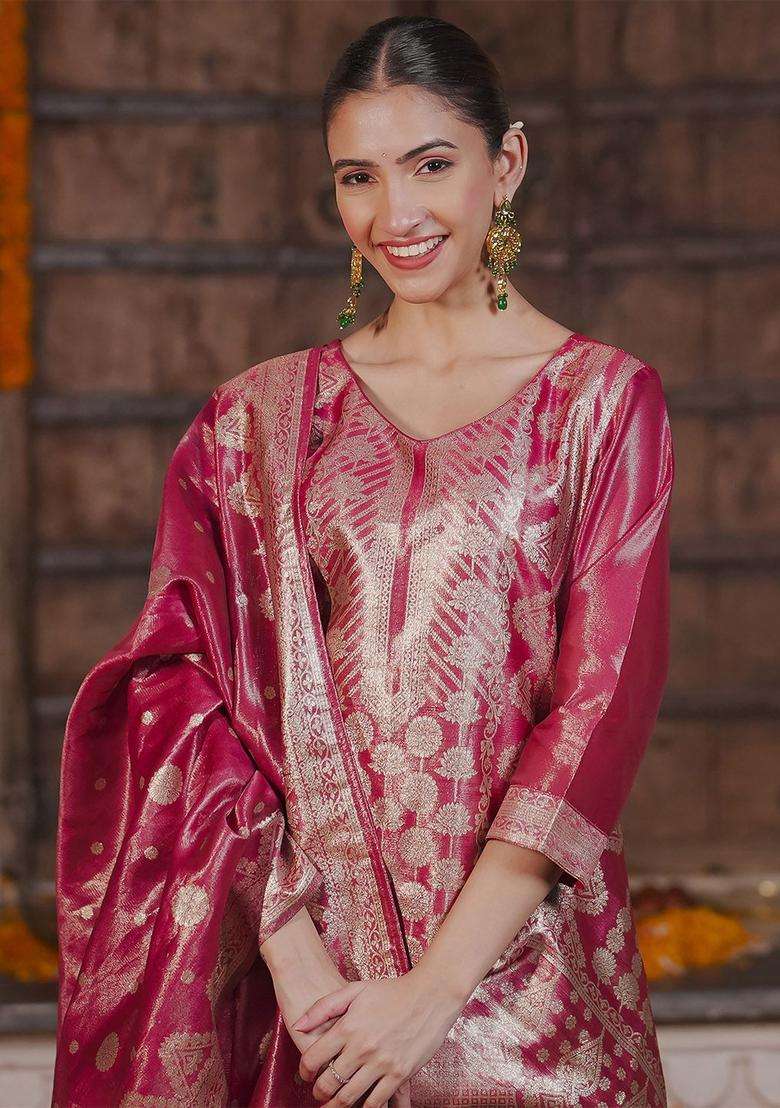Pink Woven Design Silk Blend Kurta Set - Indya