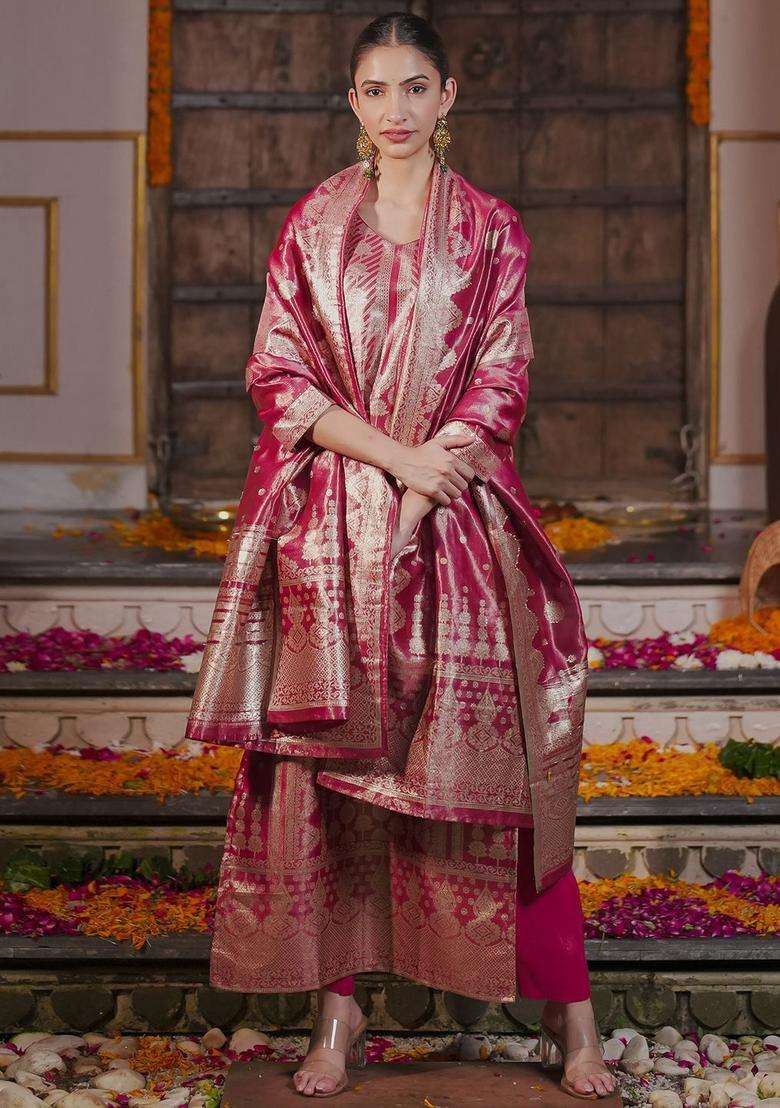 Pink Woven Design Silk Blend Kurta Set - Indya