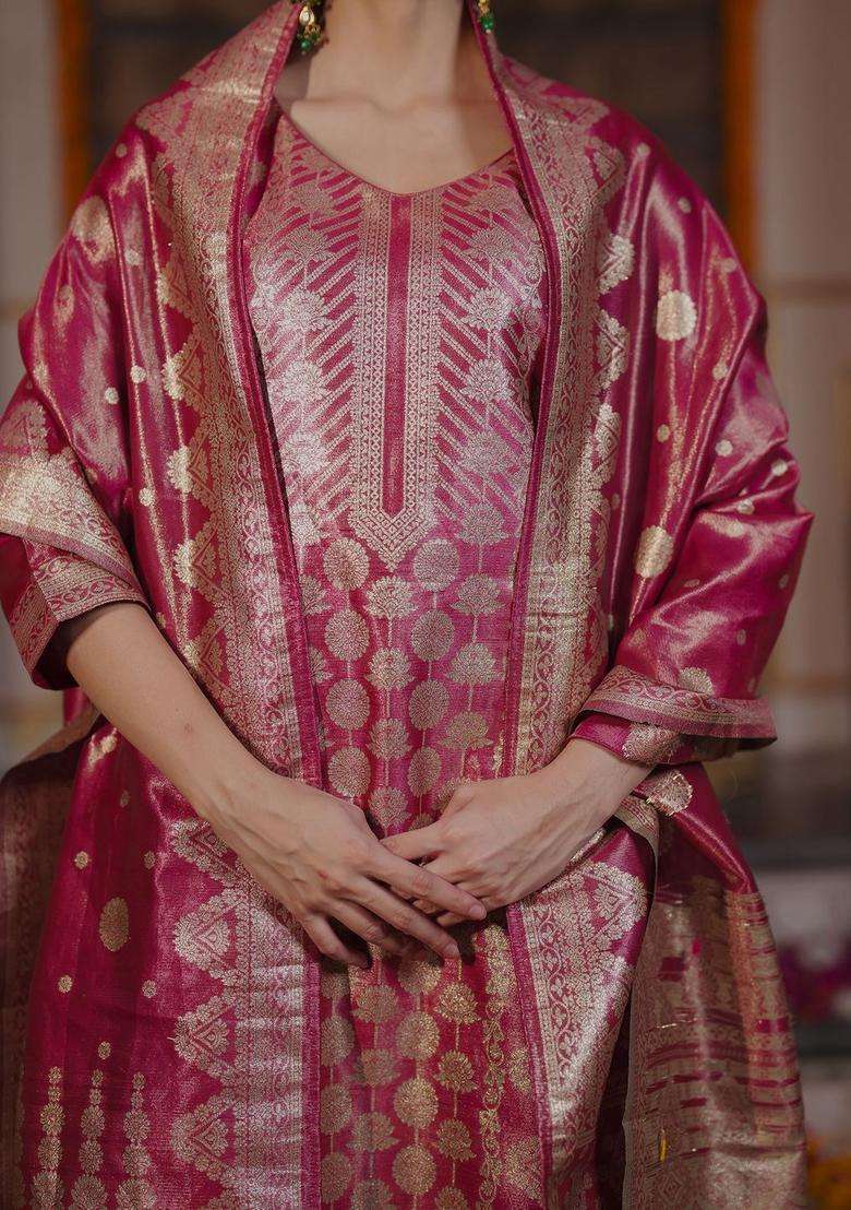 Pink Woven Design Silk Blend Kurta Set - Indya