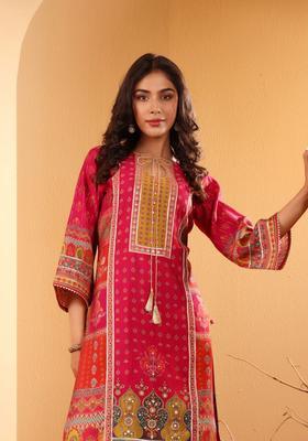 Fuchsia Printed Silk Kurta Set