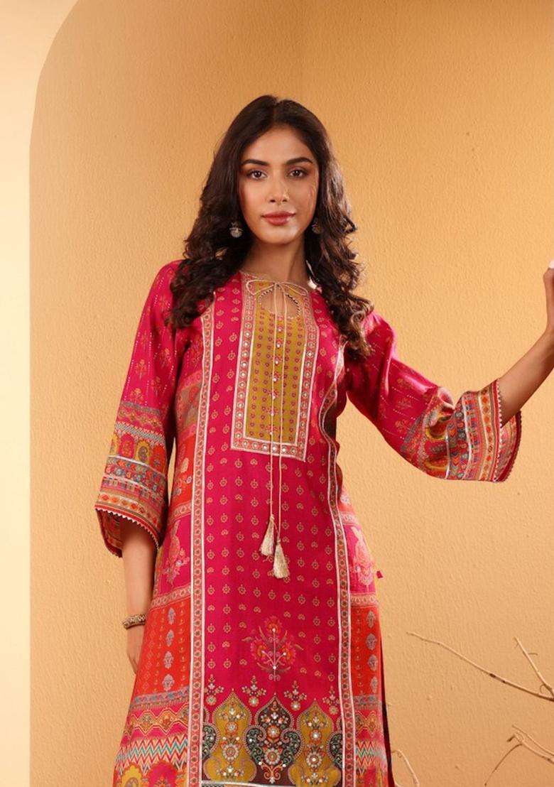 Fuchsia Printed Silk Blend Kurta Set - Indya