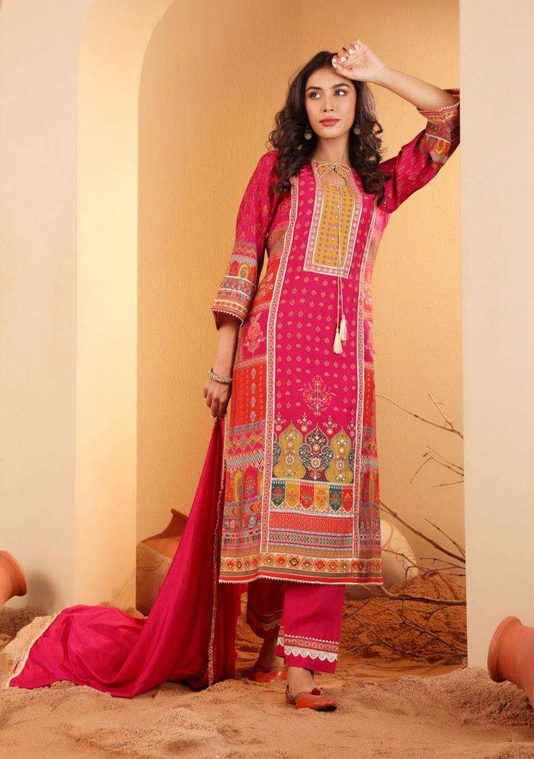 Fuchsia Printed Silk Blend Kurta Set - Indya