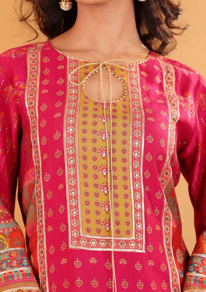 Fuchsia Printed Silk Blend Kurta Set - Indya