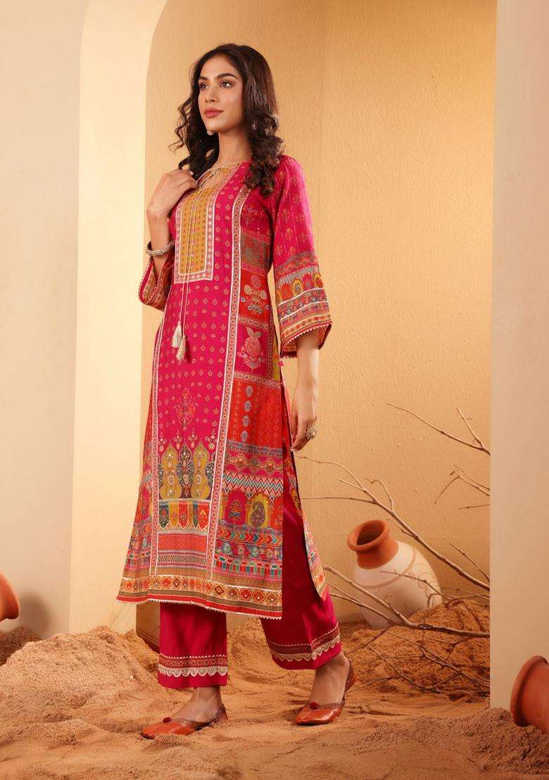 Fuchsia Printed Silk Blend Kurta Set - Indya