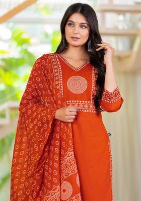 Rust Yoke Design Cotton Kurta Set