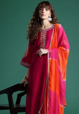 Magenta Embroidered Silk Blend Kurta Set