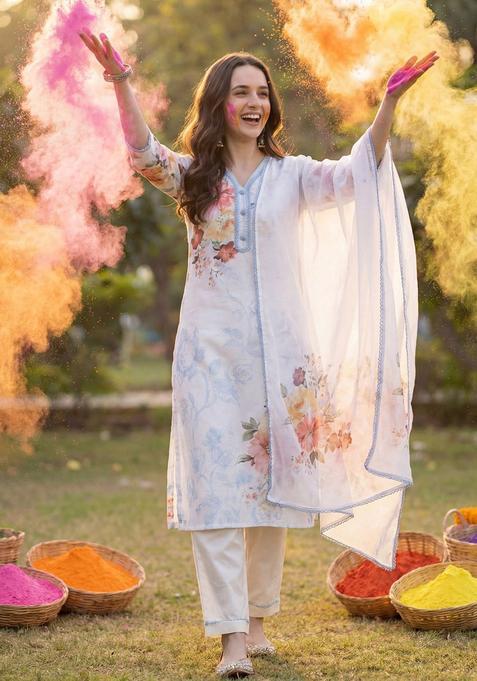 White Printed Linen Kurta Set — view on Indya