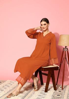 Rust Solid Silk Kurta Set