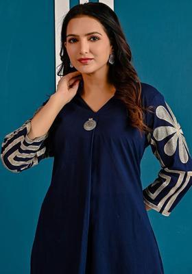 Navy Blue Embroidered Cotton Kurta Set