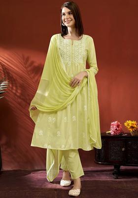Lime Green Embroidered Cotton Kurta Set